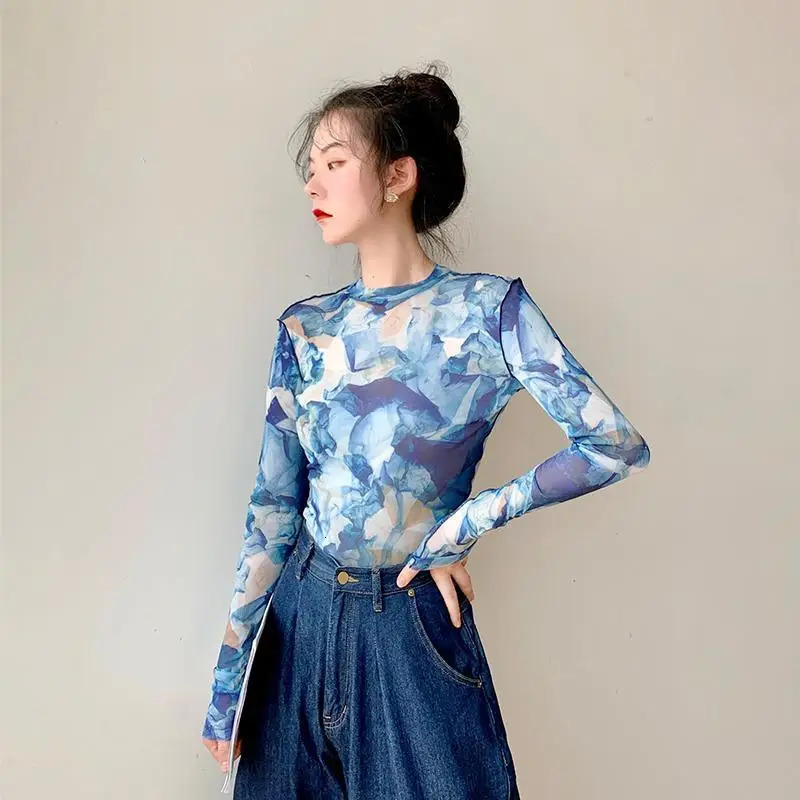 Womens Clothing Vintage Tie Dye Printed Tshirts Y2K Streetwear Sexy Mesh Slim Tees Female Casual O Neck Long Sleeve Basic Tops 250226