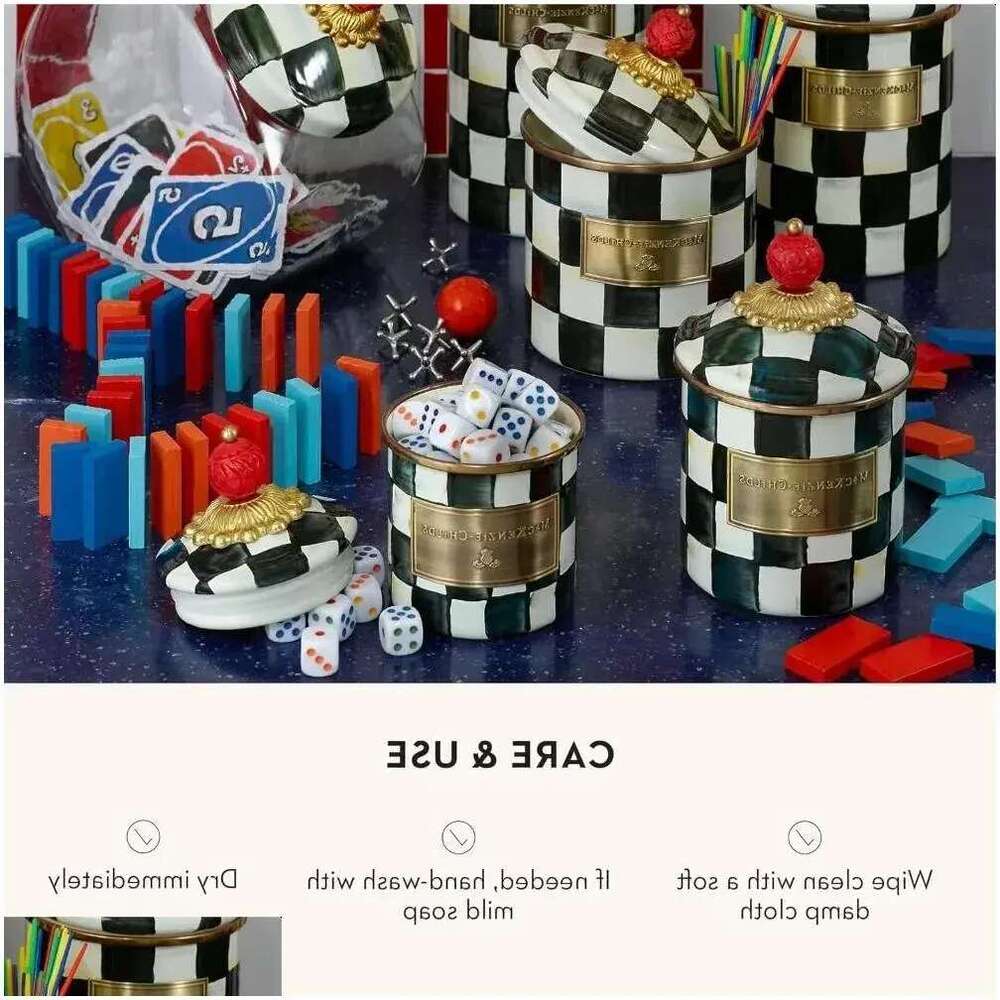 Storage Bottles Jars Courtly Check Enamel Canister Black-And-White Kitchen Container With Lid Mini 240820 Drop Delivery Home Garden Ho Otskb 23 ds
