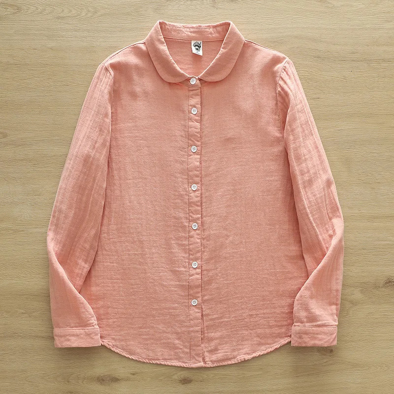 Autumn Double-layer Cotton Yarn Solid Shirt Women Japan Style Loose Long Sleeve Top Office Lady Work Wear Tops 250226