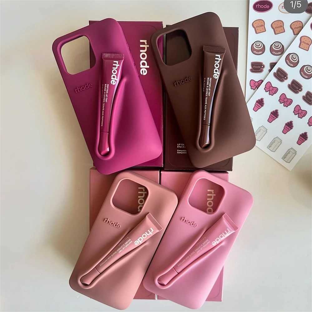 Rhode lipstick holder with lip shaped glass phone case for iPhone 13 16 15 Pro Max 11 12 14 Plus lipstick soft silicone cover Z250227