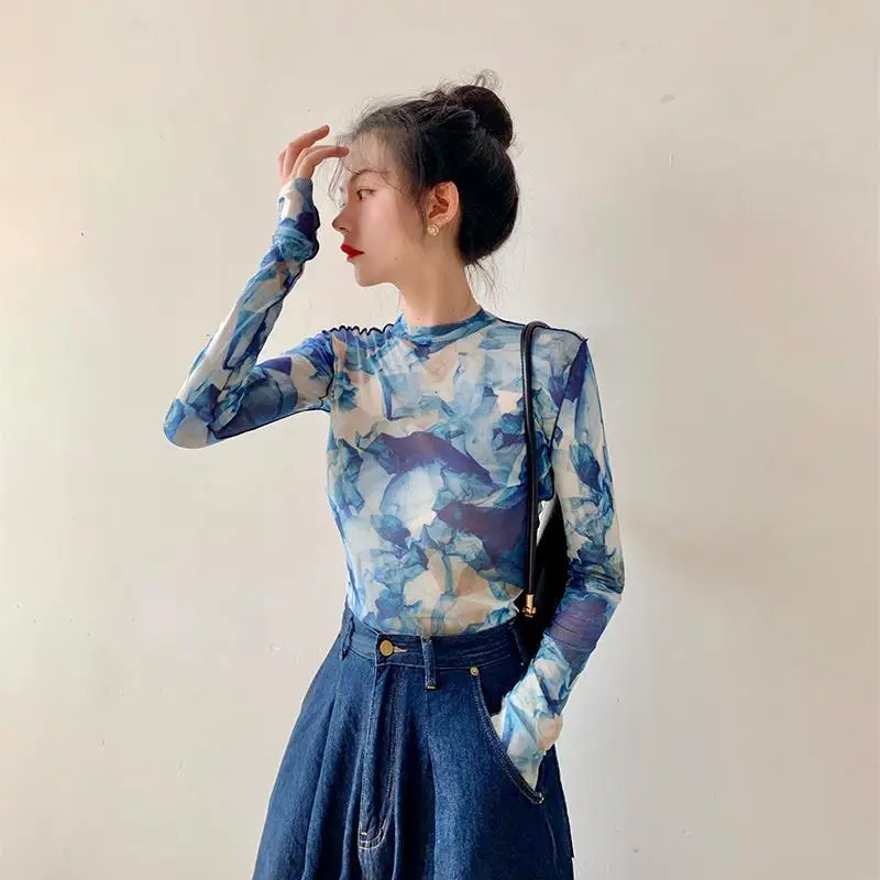 Womens Clothing Vintage Tie Dye Printed Tshirts Y2K Streetwear Sexy Mesh Slim Tees Female Casual O Neck Long Sleeve Basic Tops 250226