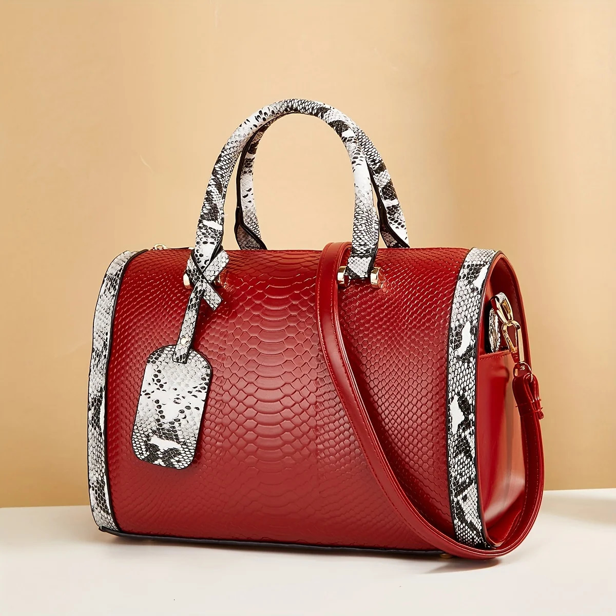 Ship from US Portable Boston Bag Snake Pattern Large Capacity Crossbody Solid Color Zipper Handbag 250227FBB