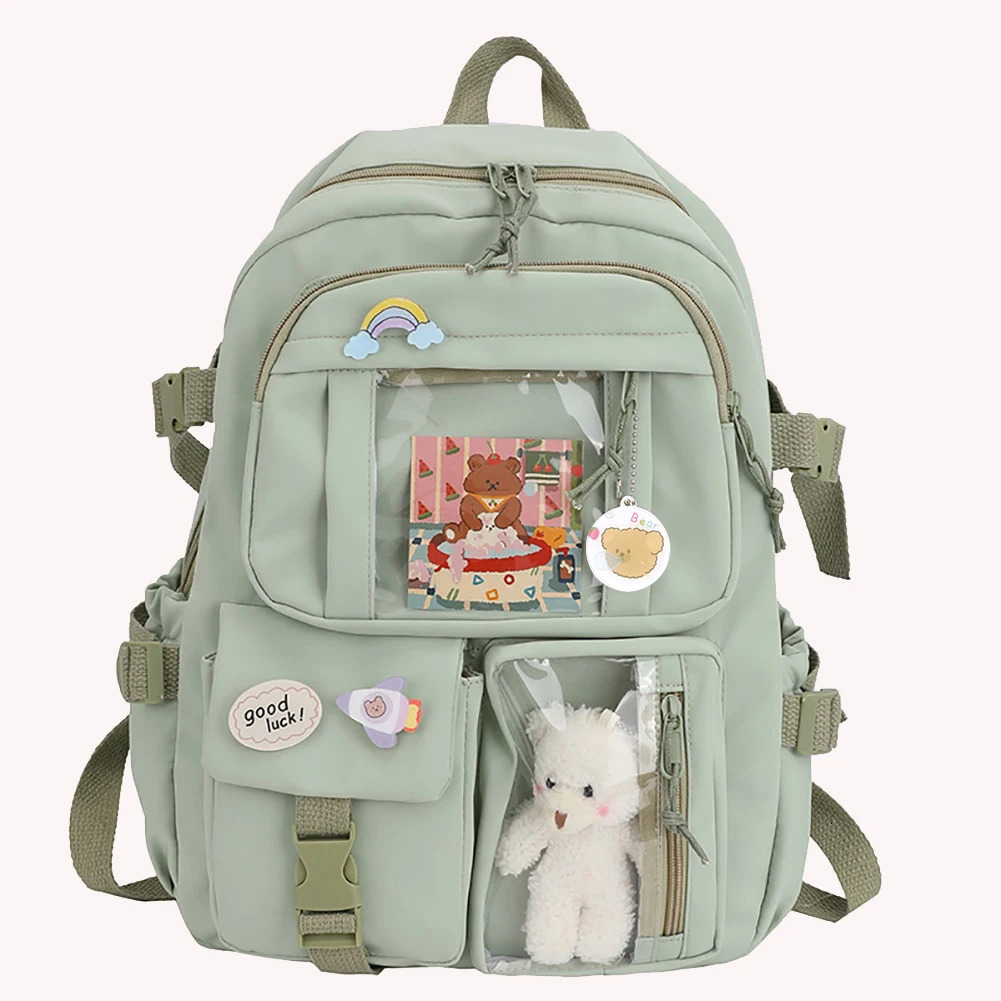 Ship from US College Student Rucksack Fashion Casual Book Bags Nylon with Plush Pendant Pin Cute Large Capacity Japanese Style for Teen Girls 250227FB