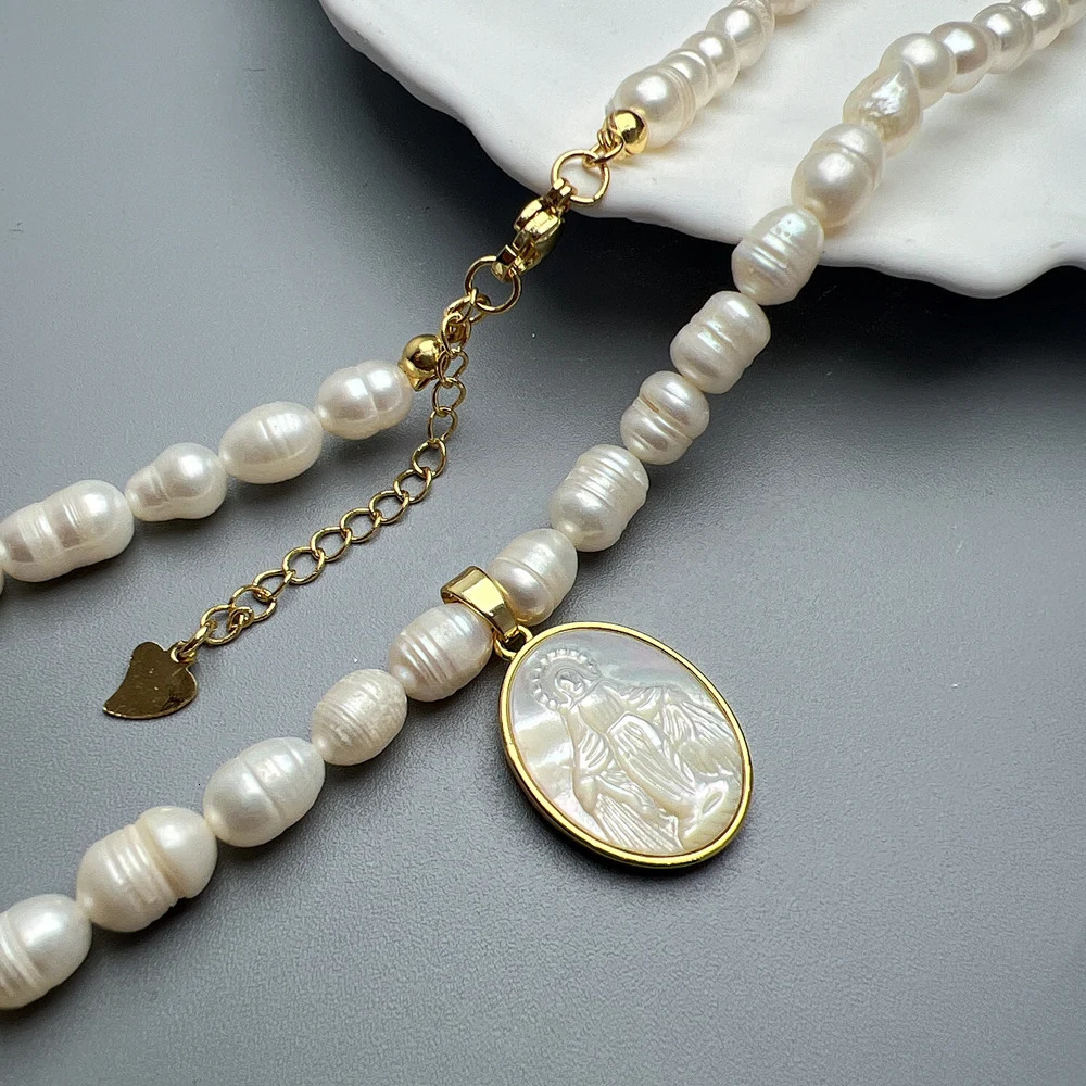 Natural Pearl Choker Female Shell Jesus Sacred Heart Virgin Mary Guadalupe Pendant Necklace For Women Religious Jewelry 250222