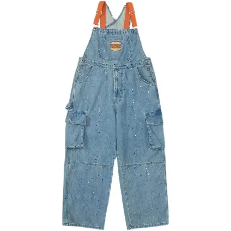 Cool girl style ed spicy ink denim shoulder strap jumpsuit womens autumnwinter loose fit retro onepiece pants 250227