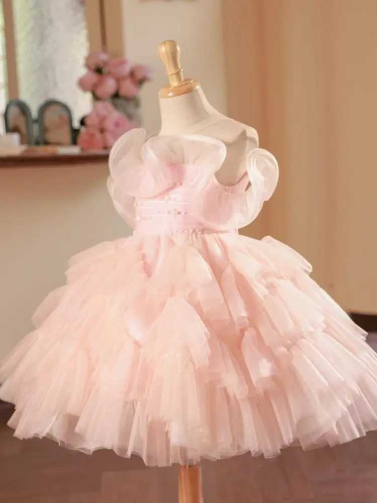 Girl's Dresses New Childrens Princess Evening Gown Mesh Pearls Sleeveless Design Kids Wedding Birthday Baptism Party Dresses For Girls A3648 Y250