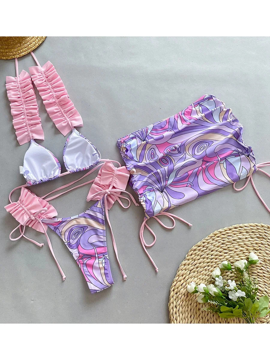 With Skirt Ruffled Frill Bikini Female Swimsuit Women Thong Swimwear Three-pieces Bikini Set Micro Bathing Suit Swim Beachwear 250226