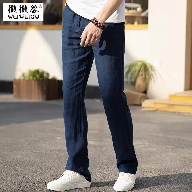 2025 Summer Casual Linen Pants For Men Loose-fit Straight-leg Cropped Pants Chinese Style Summer Thin Cotton Linen Trousers 250227