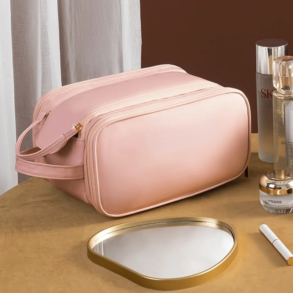 Ship from US Large Capacity Trifold PU Leather Cosmetic Bag Spacious WaterResistant Stain Resistant Fade Zip Pocket Makeup B 250227FBB
