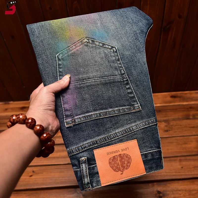 Trendy High-End Mens Jeans With American Style Slim Fit Printed Pattern Casual Fall Winter Trousers Small Size Stretchable X250227