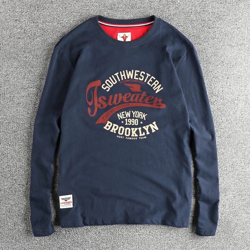 Autumn American Retro Trend Letter Pattern Long Sleeve Tshirt Mens Cotton Casual Bottom Shirt 250226