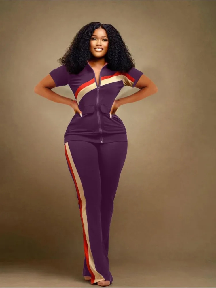 Womens Sports Leisure Set Spring Summer V-neck Zipper Short Sleeve Top Stripe Print Pant Fashion Pocket Womens Two Piece Set 250226