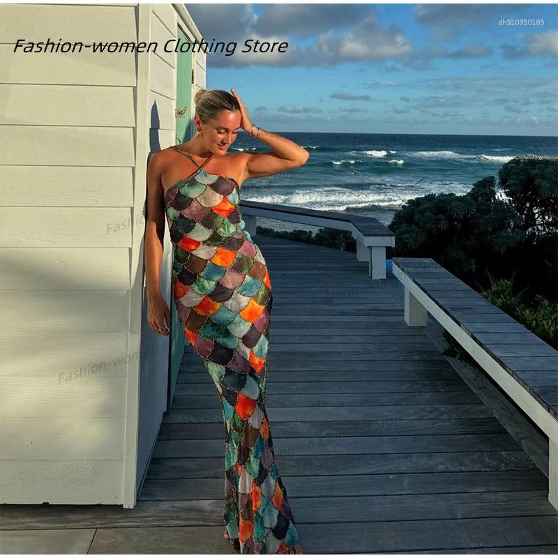 Chic Fish Scale Print Halter Backless Maxi Dress Women Sexy Sleeveless Bodycon Contrast Vestidos Summer Vacation Beach Dresses