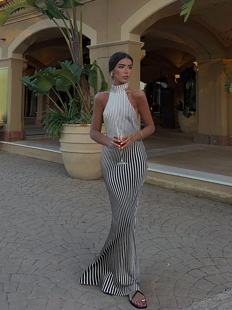 Elegant Womens Dresses Striped Sexy Slim Fit Backless Dress Skinny Lace up Sleeveless Dress Summer Lady Chic Evening Party Dress 250225