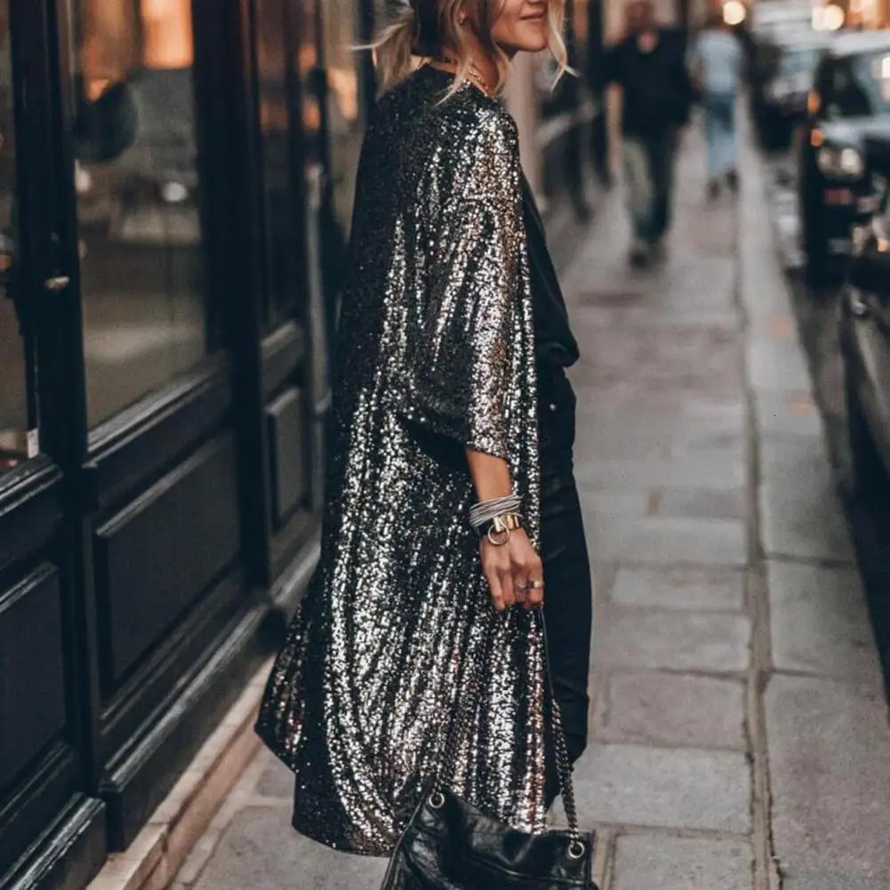 Fashionable cardigan wool sweater skin touch dress solid color womens shiny sequin medium length jacket 250227