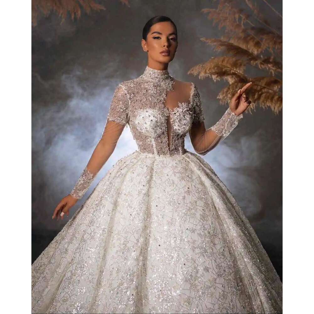 Backless Beaded Lace Custom Wedding Dresses, Ball Gown, Beads Illusion, Pleated Court Dress, Bridal Design