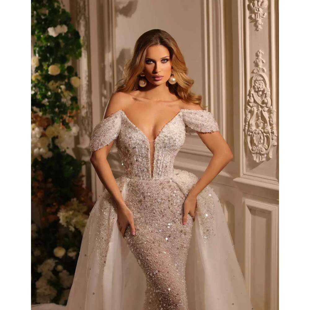 Glamorous Mermaid Wedding V-neckline Off Shoulder Sequins Beaded with Tulle Chapel Dress Custom Made Bridal Dresses