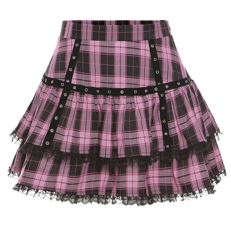 FICHOR Mall Goth Gothic Lace Ruffle Mini Skirts Womens Harajuku Fairy Grunge Pink Plaid Pleated Skirt Japanese Lolita Streetwear 250224