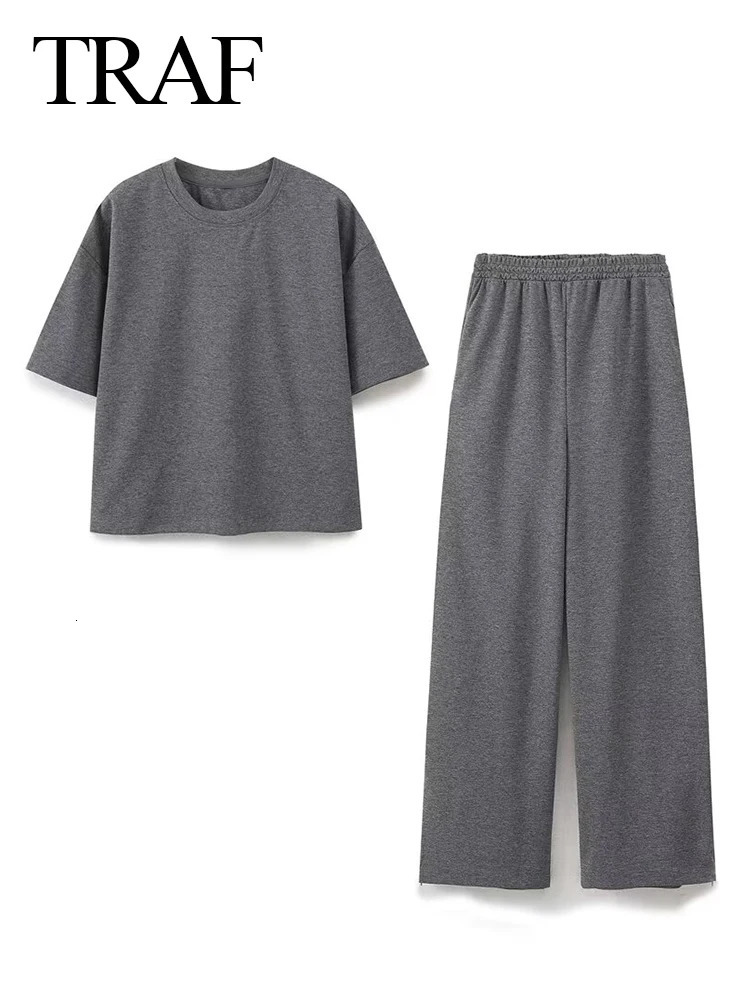 TRAF Womens Solid Casual T Shirts Pant Set Short Sleeves ONeck TShirt TopLaceup Loose Side Pockets Straight 250226