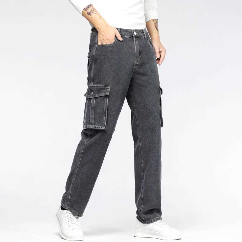 Stir Fried black grey pocket work clothes jeans mens four season loose straight tube non elastic wear-resistant jeans X250227