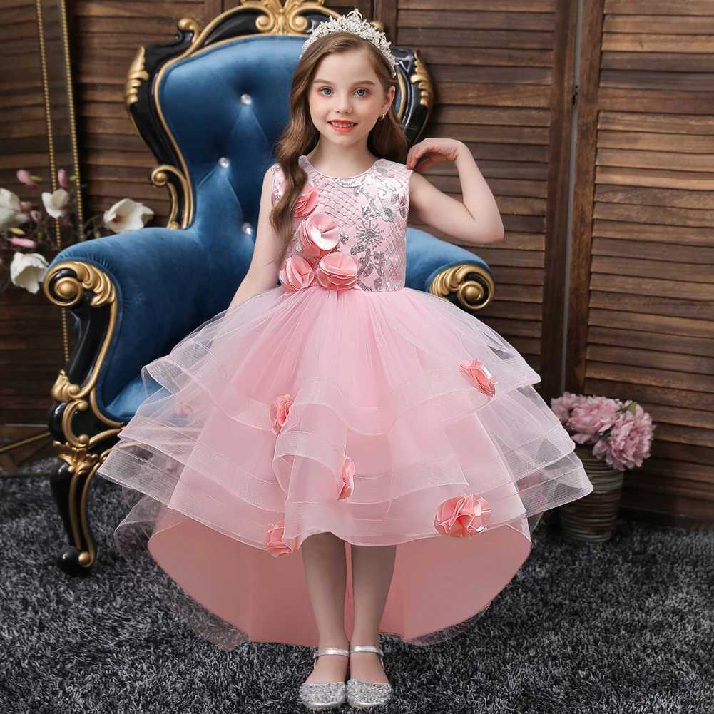 Girl's Dresses Pink Flower Girl Princess Tail Dress for 3 to 12 Year KID Birthday Party Dresses Y250227TPLH