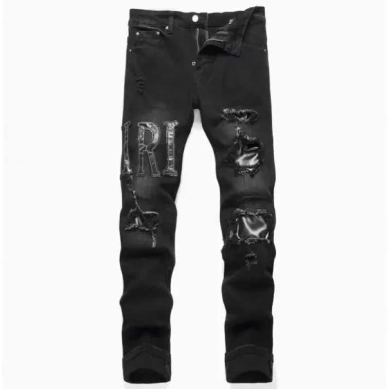 2025 Korean Style Embroidered Jeans Mens High Waist Slim Fit Stretchy Denim Trousers Trendy Achieves Slimming Effect X250227
