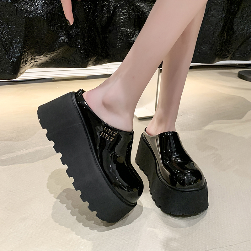 2025 Summer 8CM Half Tow Height Raising Women's Shoes Platform High Heels Leather Casual Women's Slippers Fashion Outdoor Sandals Casual Str