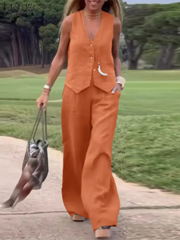 ZANZEA Woman Elegant 2Piece Pant Sets Casual Vest and Pants Old Money Style Suits 2pcs Outfits Wide Leg Trouser 250226