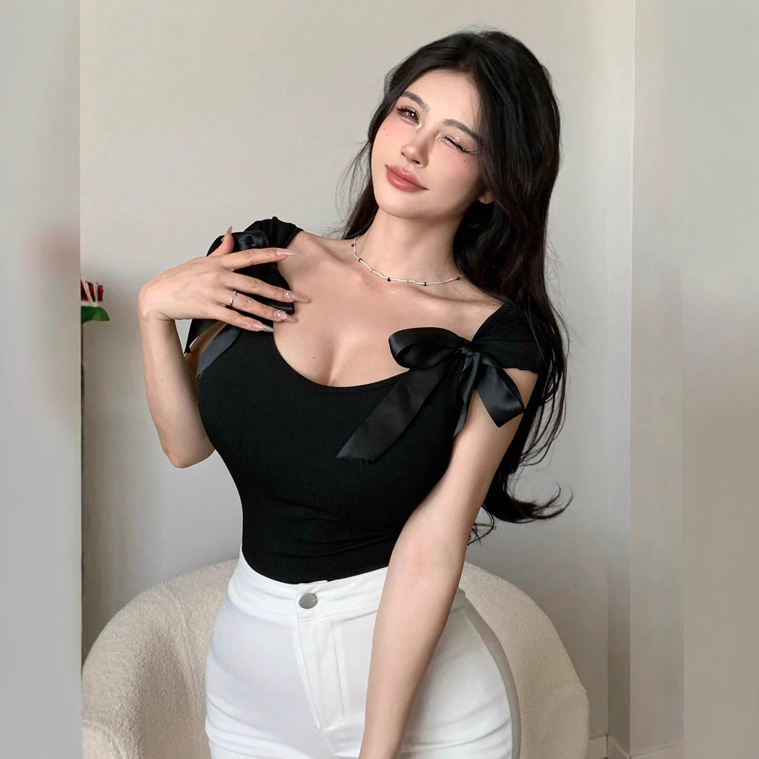 2025 Women's Summer Bow Tie Slim Fit Sexy Spicy Girl Solid Color Tank Top T-shirt