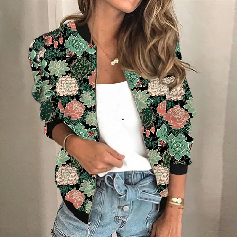Autumn Vintage Floral Print Female Casual Coat Fashion Zipper Womens Jacket Outerwear Streetwear Streetwears 250227