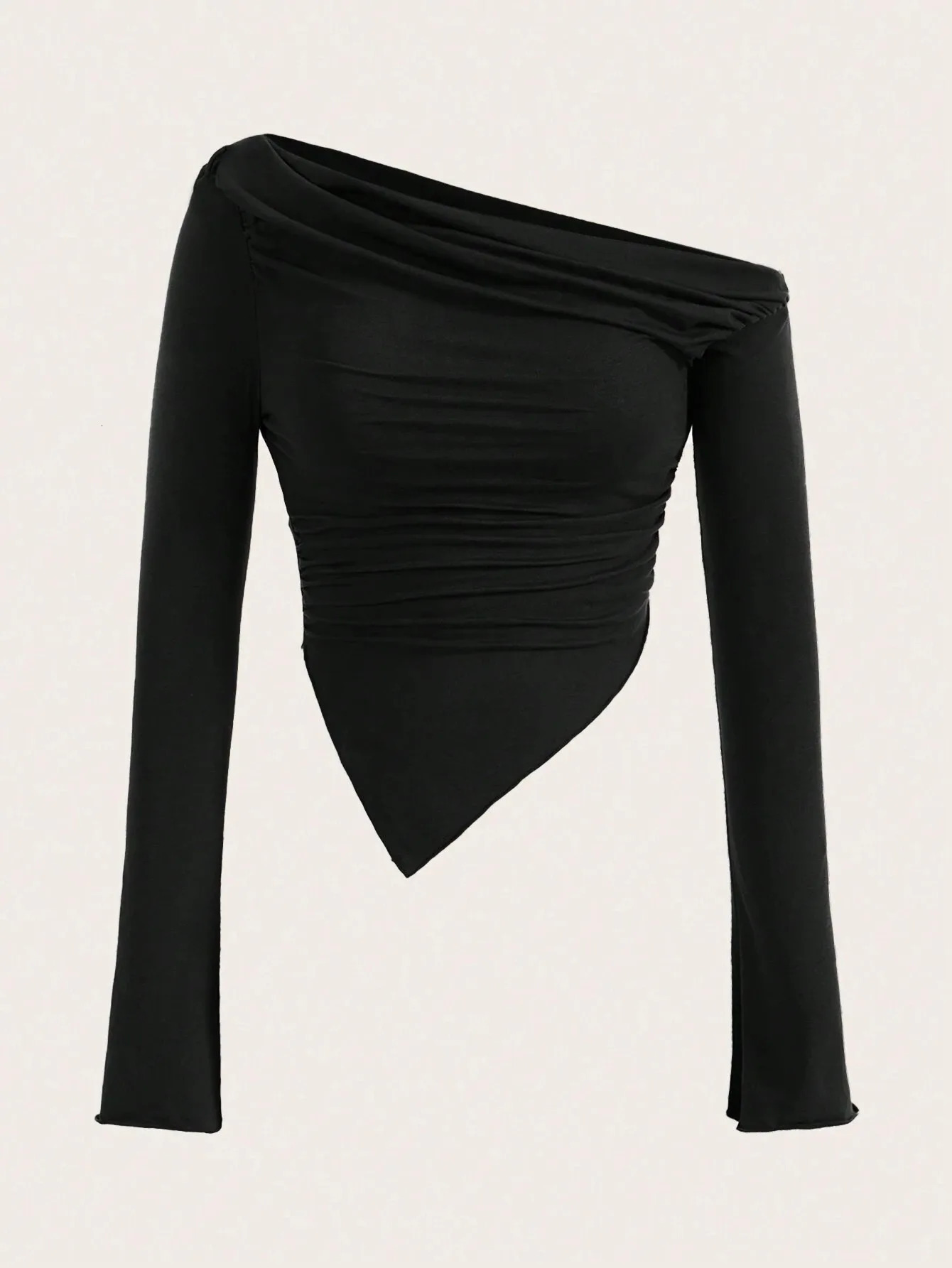 Womens Sexy Solid One Shoulder Long Sleeve T Shirt Spring Fall Y2K Clothes Grunge Goth Slim Fit Tee Top Tshirt Streetwear 250226