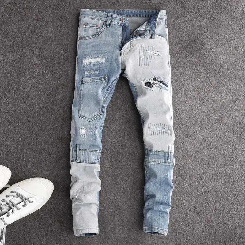 Streetwear Fashion Mens Jeans Retro Light Blue Elastic Slim Fit Ripped Jeans Men Spliced Designer Embroidery Hip Hop Denim Pants X250227