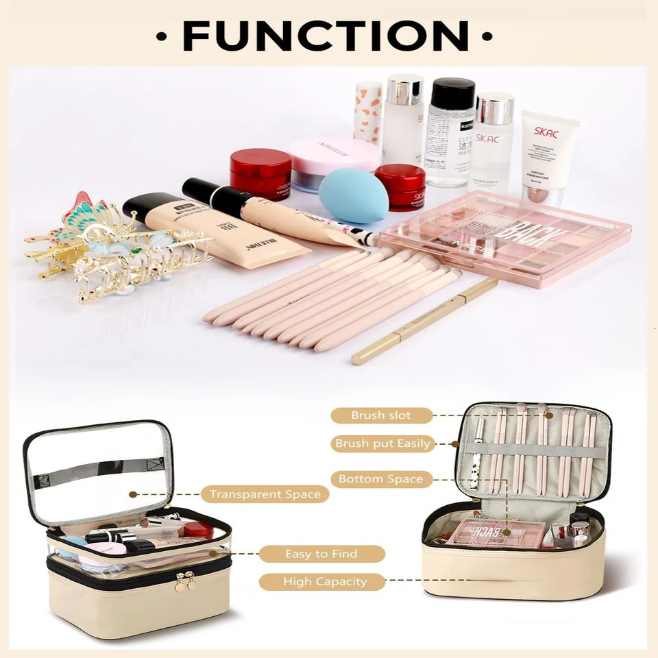 Ship from US Beige Leather Double Layer Large Chic Cosmetic Bags Stylish Womens Favorite Beauty Accessory Spacious and Organized Makeup w250227FBB