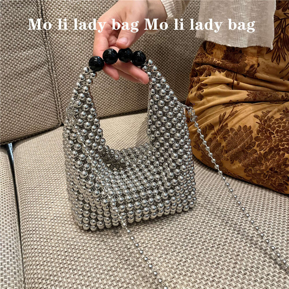 Women's Bags fashionable and high-end silver sparkling bead hand woven Boston handbag diagonal cross bag