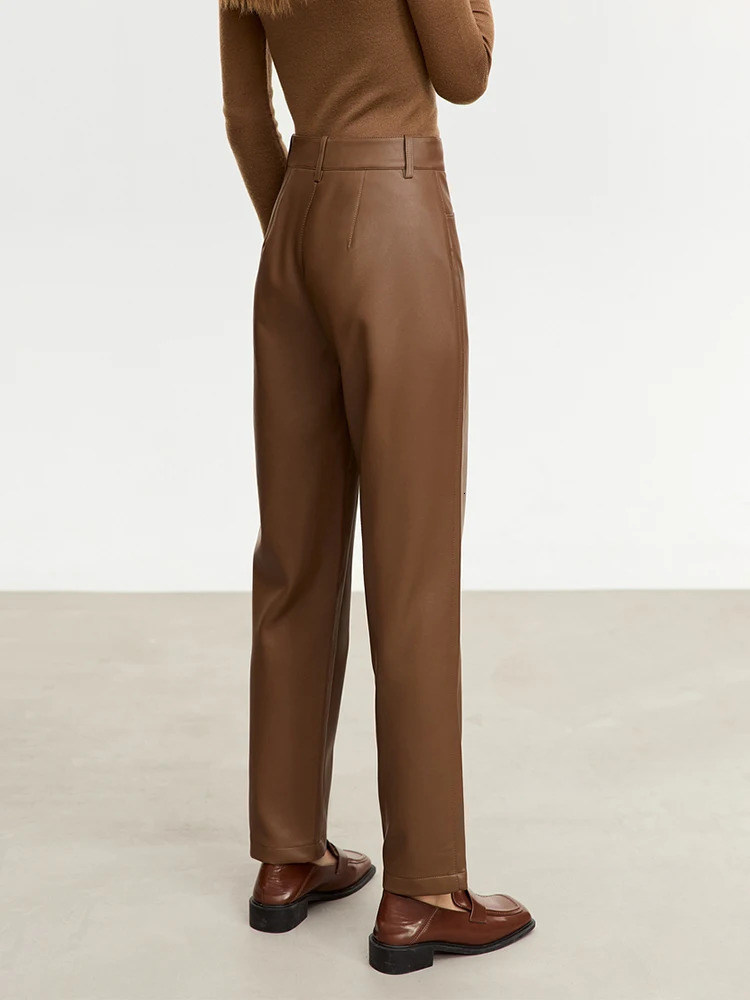 AMII Minimalist Ankle strength Casual Womens Pants Winter PU Leather Straight Fashion Solid Trousers 12345138 250227