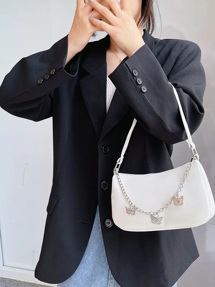 Ship from US Stylish Butterfly Chain Shoulder Shopping Bags Women Small Pure Color Handbags Daily PU Leather Underarm 250227FBB