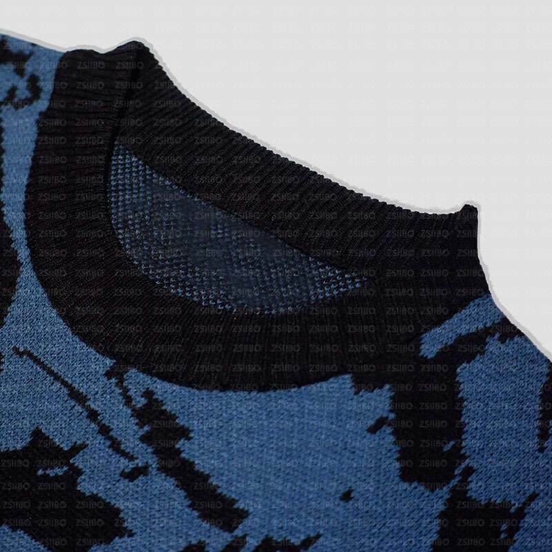 High Street Casual Cartoon Jacquard Round Neck Long Sleeve Splicing Loose Trendy Brand Top Knitted Pullover Fashion Sweater