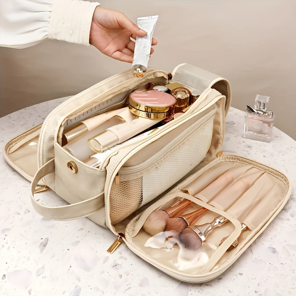 Ship from US Large Capacity Trifold PU Leather Cosmetic Bag Spacious WaterResistant Stain Resistant Fade Zip Pocket Makeup B 250227FBB