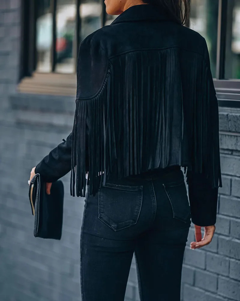 Fashion Spring Womens Clothes Short Coat Solid Color Collared Jacket With Tassels Long Sleeve Open Front Streetwear Y2k 250227