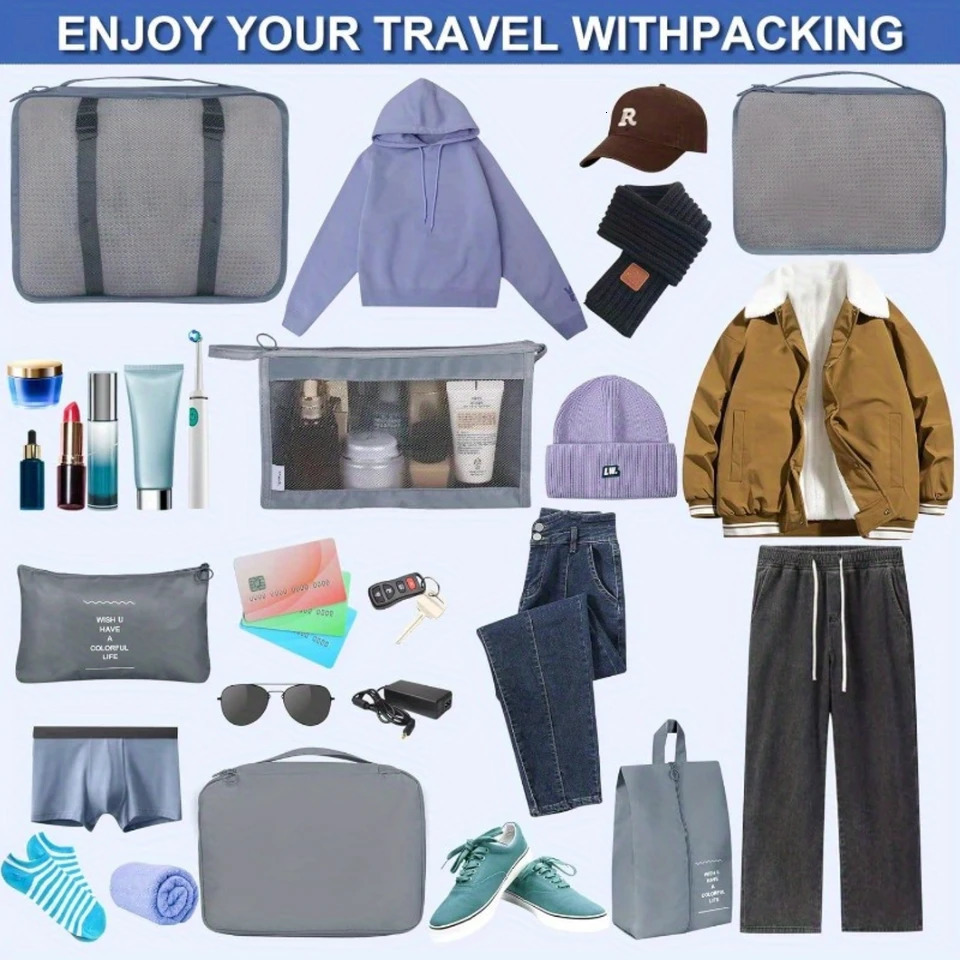 Ship from US 8 Set Packing Cubes Lightweight Grey Travel Luggage Organizers With Cosmetic Bag Compression Shoe Clothing Underwear S 250227FBB
