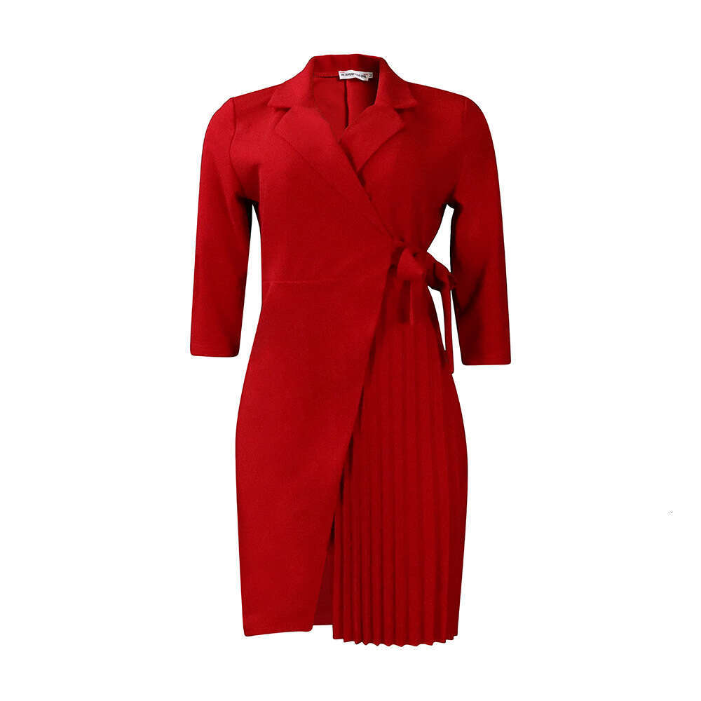 D340 plus size women's suit collar fashion tie waist fold dress 2025 temperament versatile new trendy clothing ins