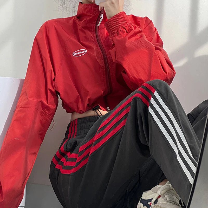 American Zipper Cut Jacket Womens Drawstring Sports Jazz Long Sleeve Top Waterproof Harajuku Y2K Fashion Loose Hip Hop 250227