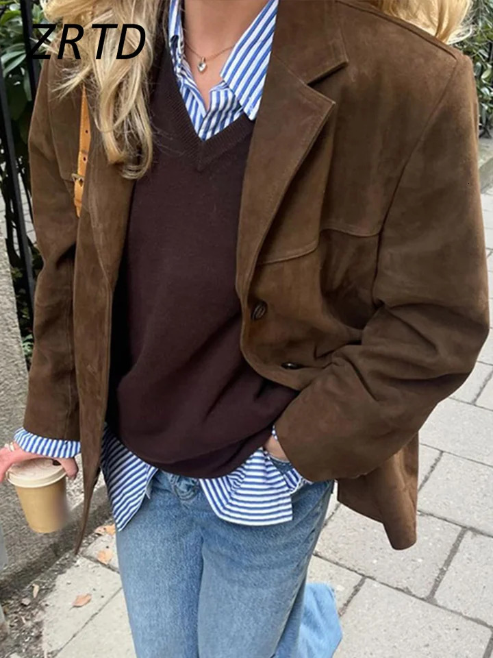 Womens Suede Suit Coats Notched Collar Long Sleeve Single Breasted Shoulder Pads Blazer Jacket Autumn Lady Street Overcoat 250226