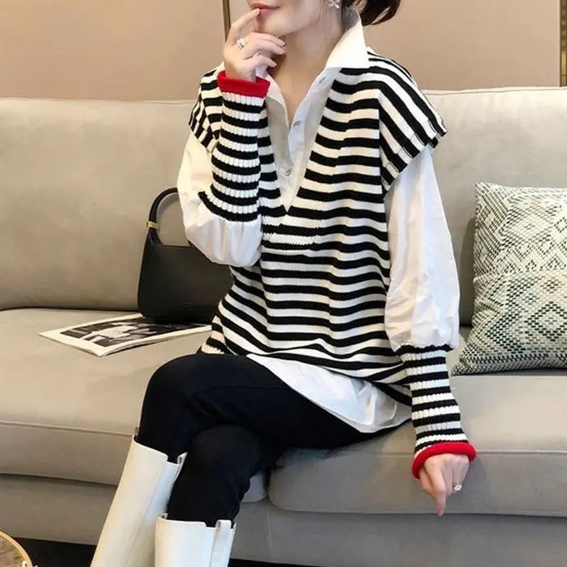 Female Casual Striped Patchwork Blouse Fashion V-Neck Knitted Vest Two Piece Set Korean Loose Single-breasted Polo-Neck Shirt 250226