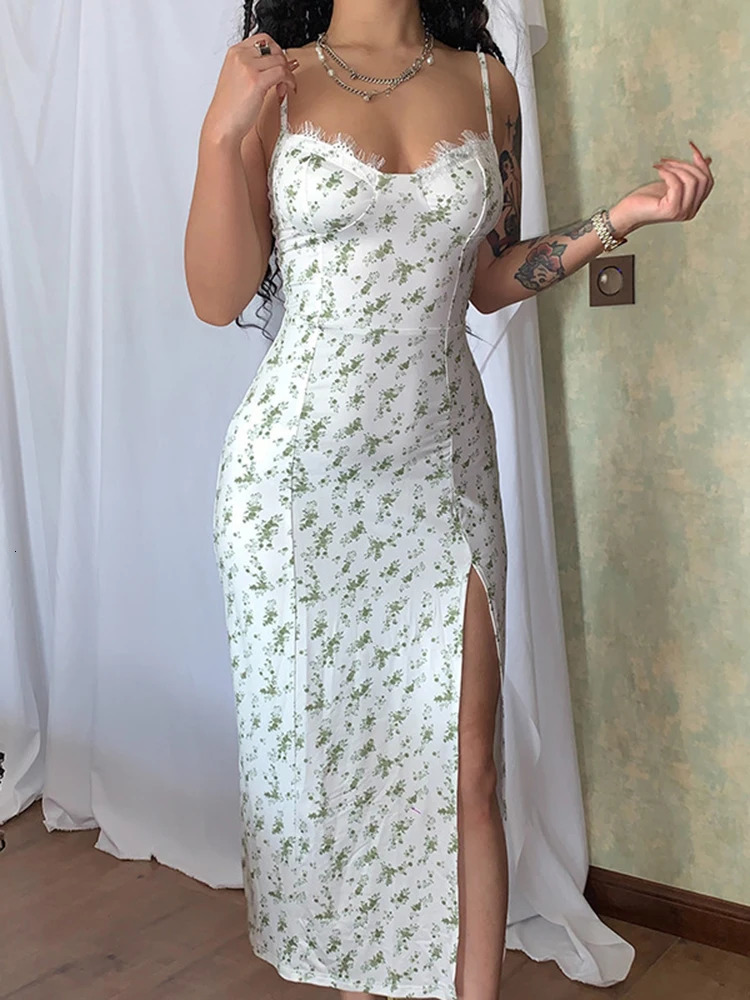 Hugcitar Ruffles Floral Print Slip Sleeveless Backless Sexy Bodycon Slit Midi Dress Summer Elegant Clothes Party Y2K Wholesale250222