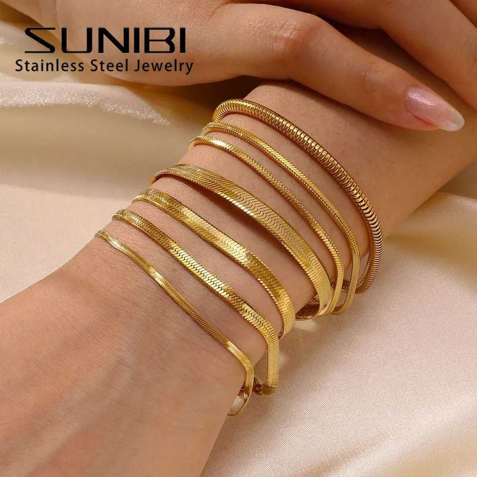 SUNIBI womens trend classic snake chain bracelet gold wide 2/3/4/5mm stainless steel chain bracelet used for womens jewelry gifts W250227