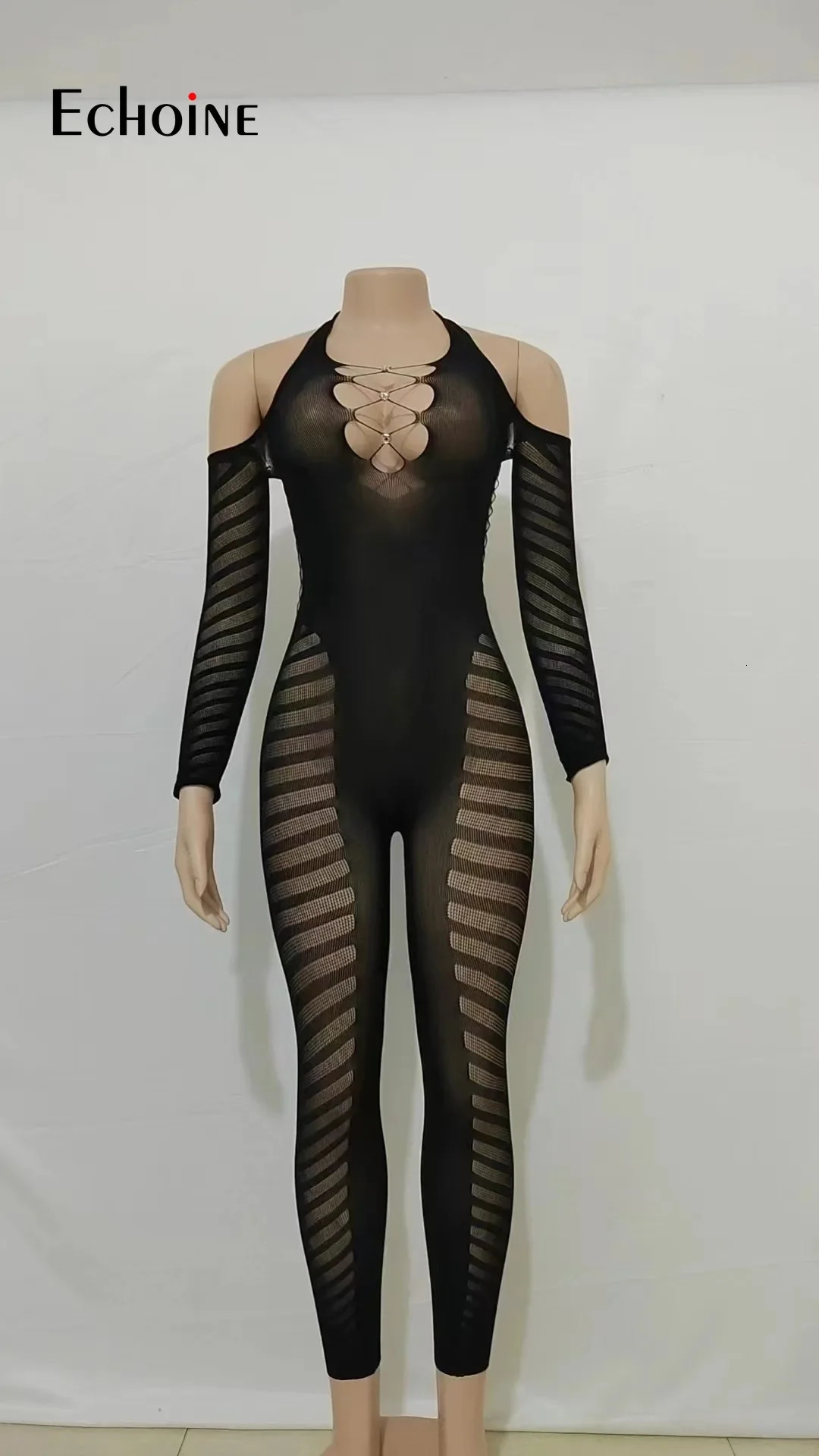 Echoine Womens Sexy Halter neck Hollow backless long sleeve Bodycon Jumpsuit Fashion Party Club Playsuits Pants Rompers 250227