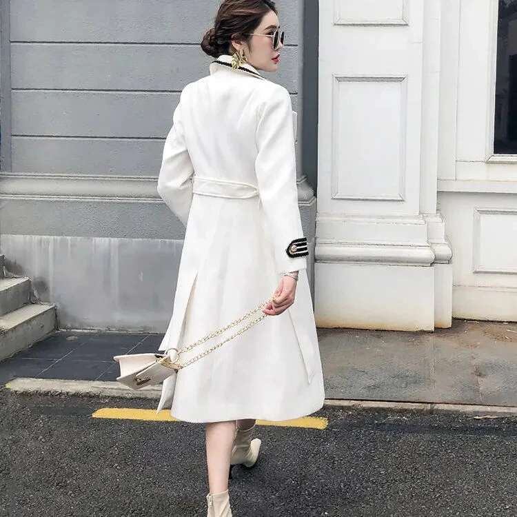 White Woolen Women Mid-Length Autumn/Winter Jacket British Hepburn Thicken Slim Black Double-Breasted Trench Coat