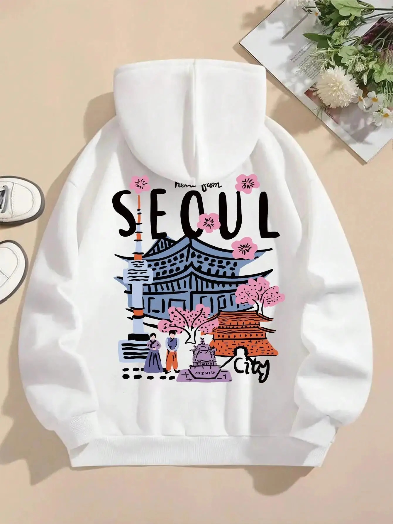 Seoul Beautiful Scenery Printing Womens Hooded Warm Fleece Comfortable Hoodies Simple Soft Hoodie Street Casual Loose Pullover 250227