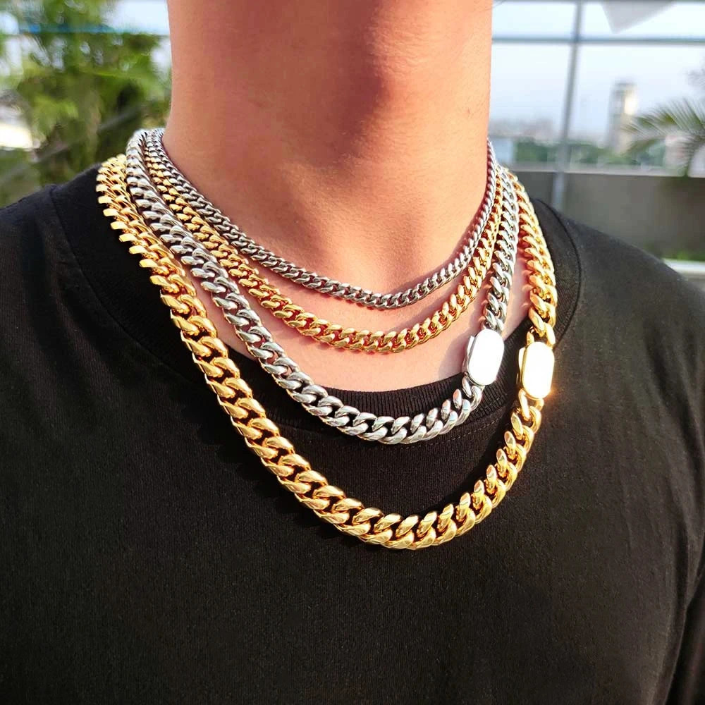 8/10/12mm Punk Gold Color Curb Cuban Chain Necklace Men Women Hiphop Miami Stainless Steel Bike Biker Choker Neck Jewelry 250227